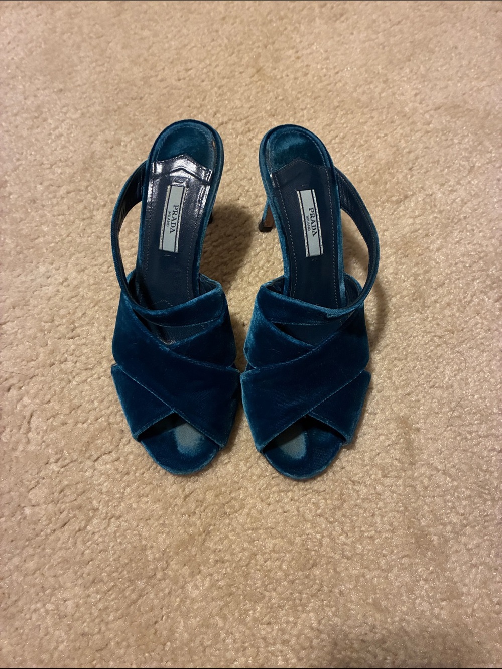 Prada Teal Velvet Crisscross Open-Toe Slingback Heels